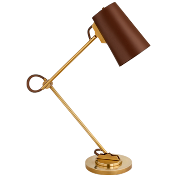 Benton Adjustable Desk Lamp in Natural Brass w/ Saddle Leather Shade