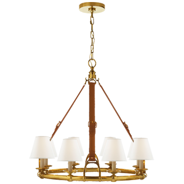 Westbury Chandelier in Natural Brass & Saddle Leather w/ Linen Shades