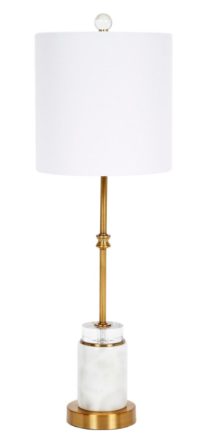 Ana Round White Marble Base Buffet Lamp with White Linen Shade 27