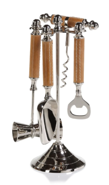 Polished Nickel and Leather Bar Tool Set