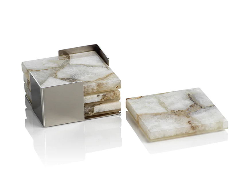 Crete Agate Coasters on Metal Tray - Set of 4 - Taupe / White