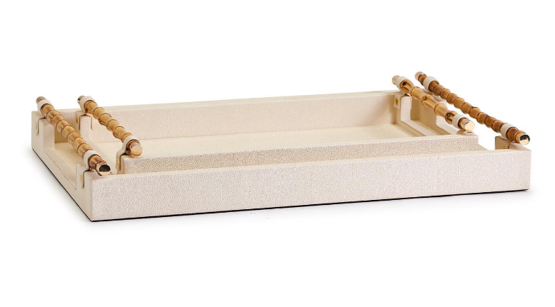 Cream Decorative Rectangle Tray With Bamboo Handles
