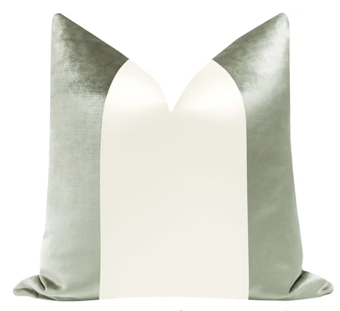 Colorblock Faux Silk Velvet Pillow- Pistachio + Alabaster Silk 12x18”