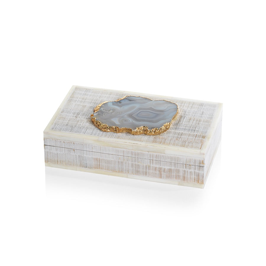 Chiseled Mangowood and Bone Box w/ Agate Stone