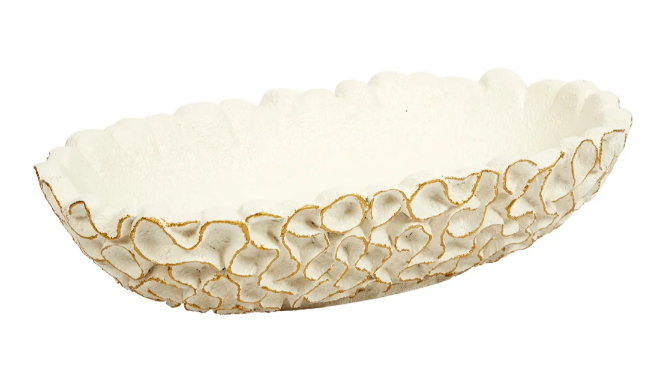 White Oval Swirl Bowl with Gold Accents
