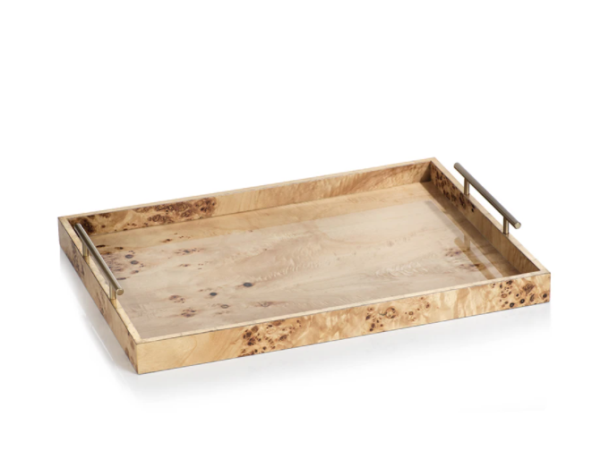 Leiden Burl Wood Design Rectangular Tray w/ Gold Handles